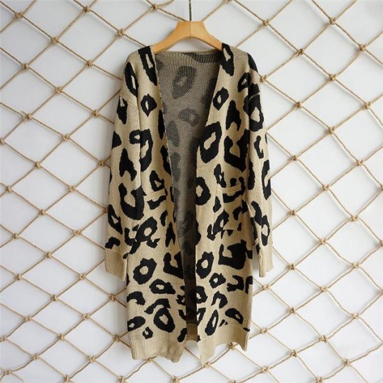 Women's Clothing - Autumn Winter Leopard Print Long Cardigans