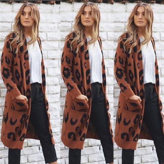 Women's Clothing - Autumn Winter Leopard Print Long Cardigans