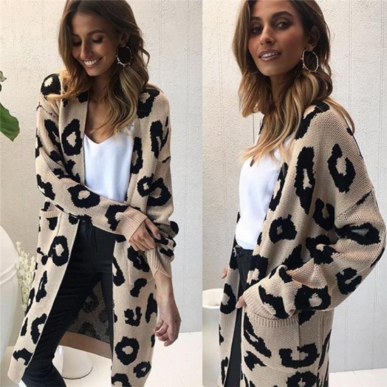 Women's Clothing - Autumn Winter Leopard Print Long Cardigans