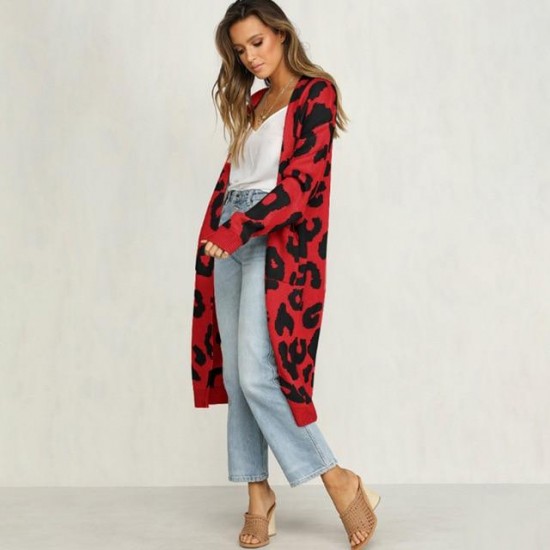 Women's Clothing - Autumn Winter Leopard Print Long Cardigans