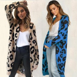 Women's Clothing - Autumn Winter Leopard Print Long Cardigans