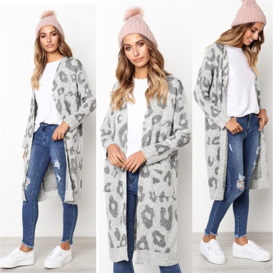 Women's Clothing - Autumn Winter Leopard Print Long Cardigans