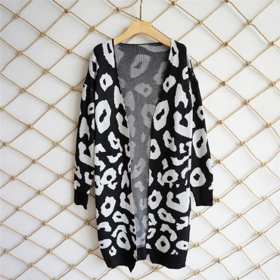 Women's Clothing - Autumn Winter Leopard Print Long Cardigans