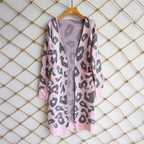 Women's Clothing - Autumn Winter Leopard Print Long Cardigans